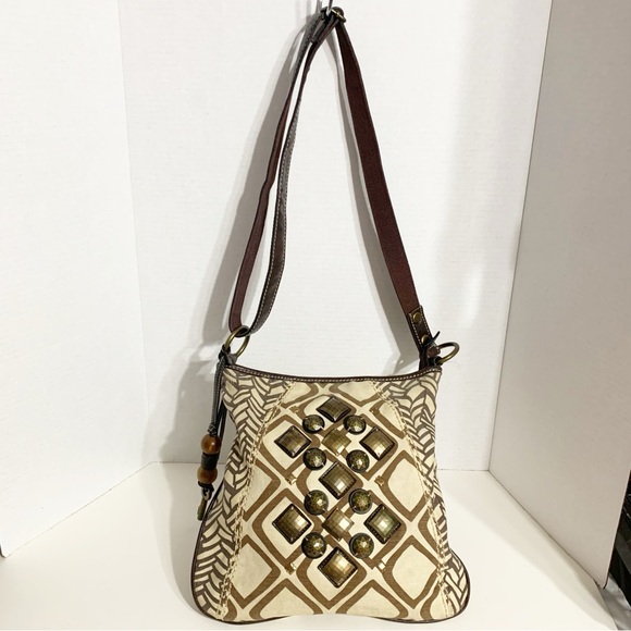 Fossil Ari Embellished Beige Brown Cotton Canvas Hobo Handbag Purse Brass Toned - Picture 2 of 14